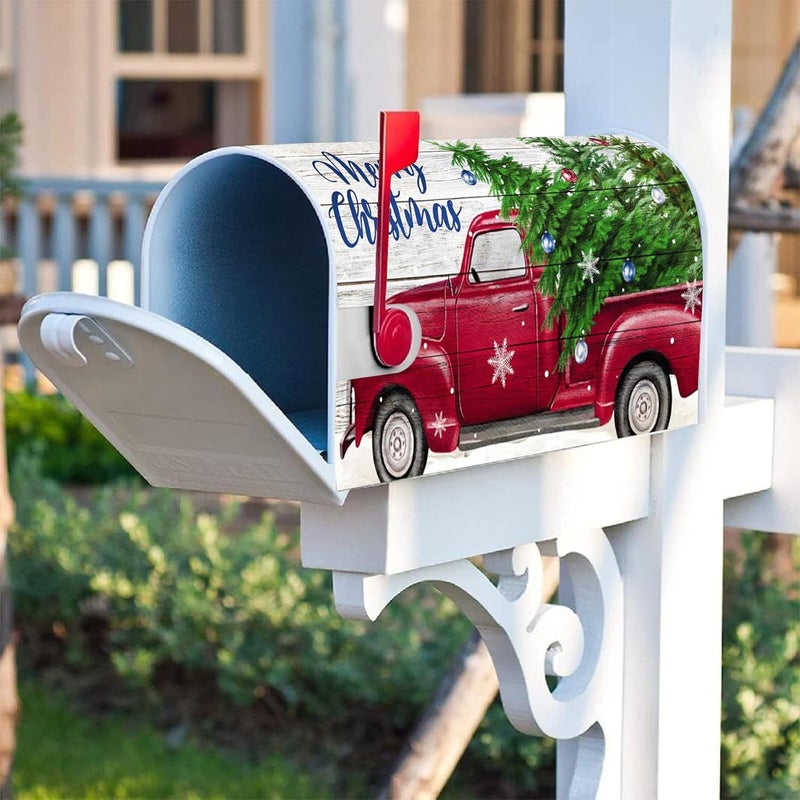 Texupday Merry Christmas Red Truck Pine Tree Decoration Mailbox Cover With Magnetic Strip Winter Snowy Holiday Mailbox Wraps Post Letter Box Cover Standard Size 21" X 18" for Garden Outdoor Yard Decor - Image 5